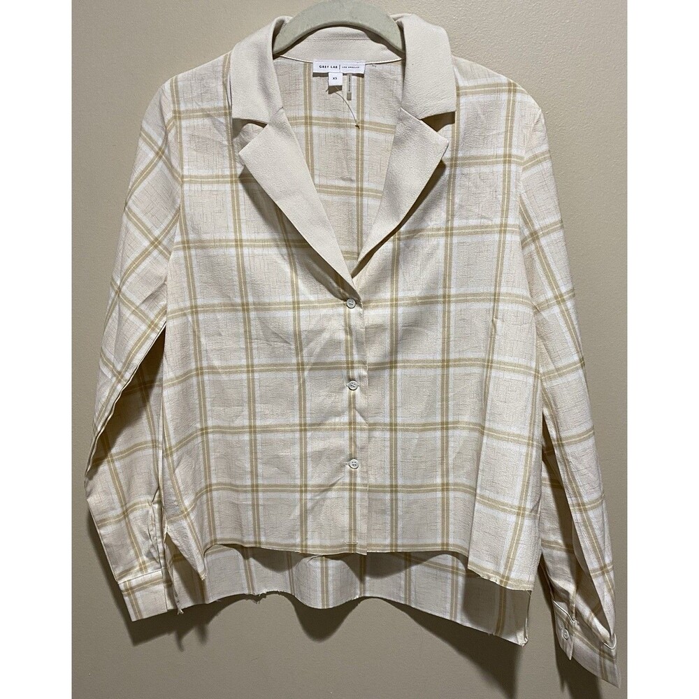 Grey Lab Anthropologie Plaid Shirt Women's XS Beige Button Front Collared Blouse